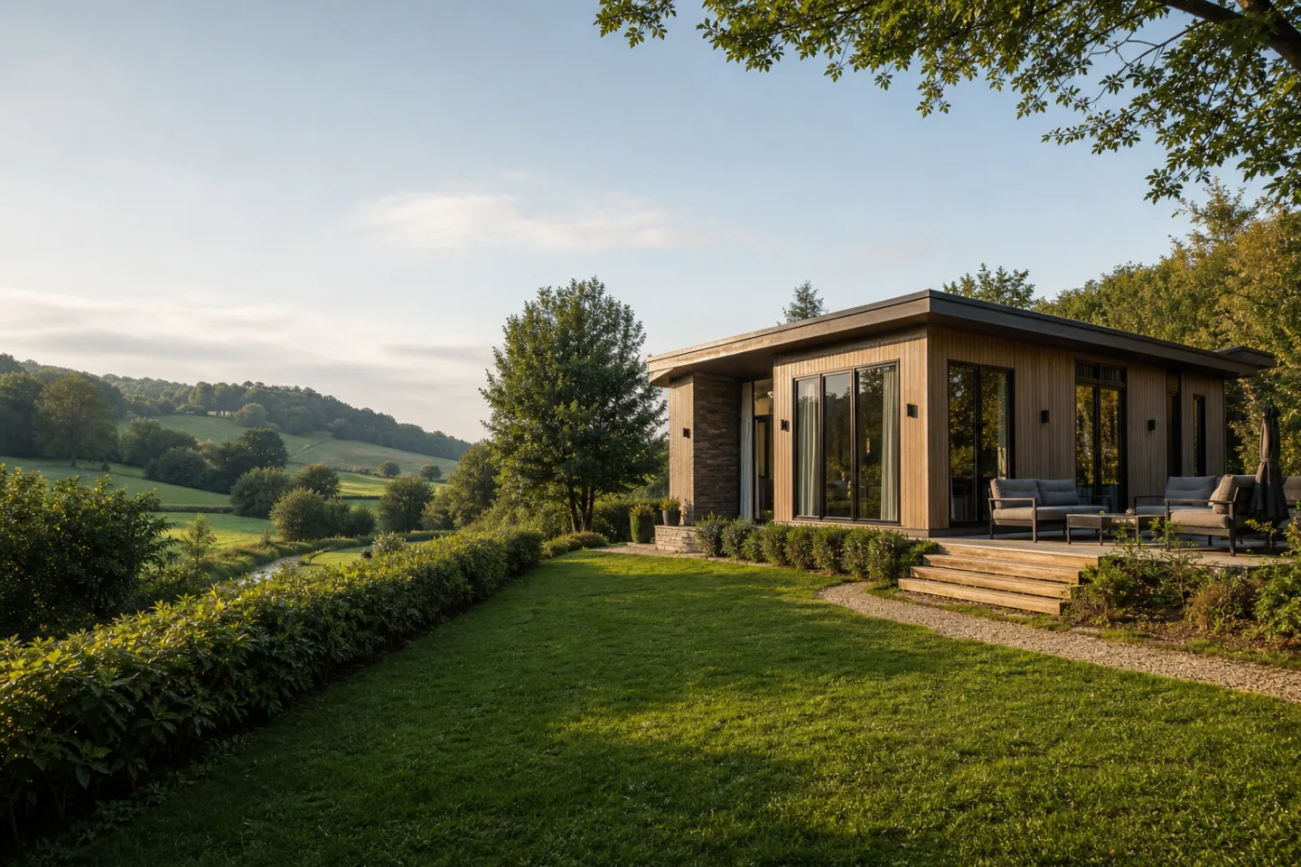 Fotorealistische sfeerimpressie van een recreatiewoning in het Zuid-Limburgse heuvellandschap
