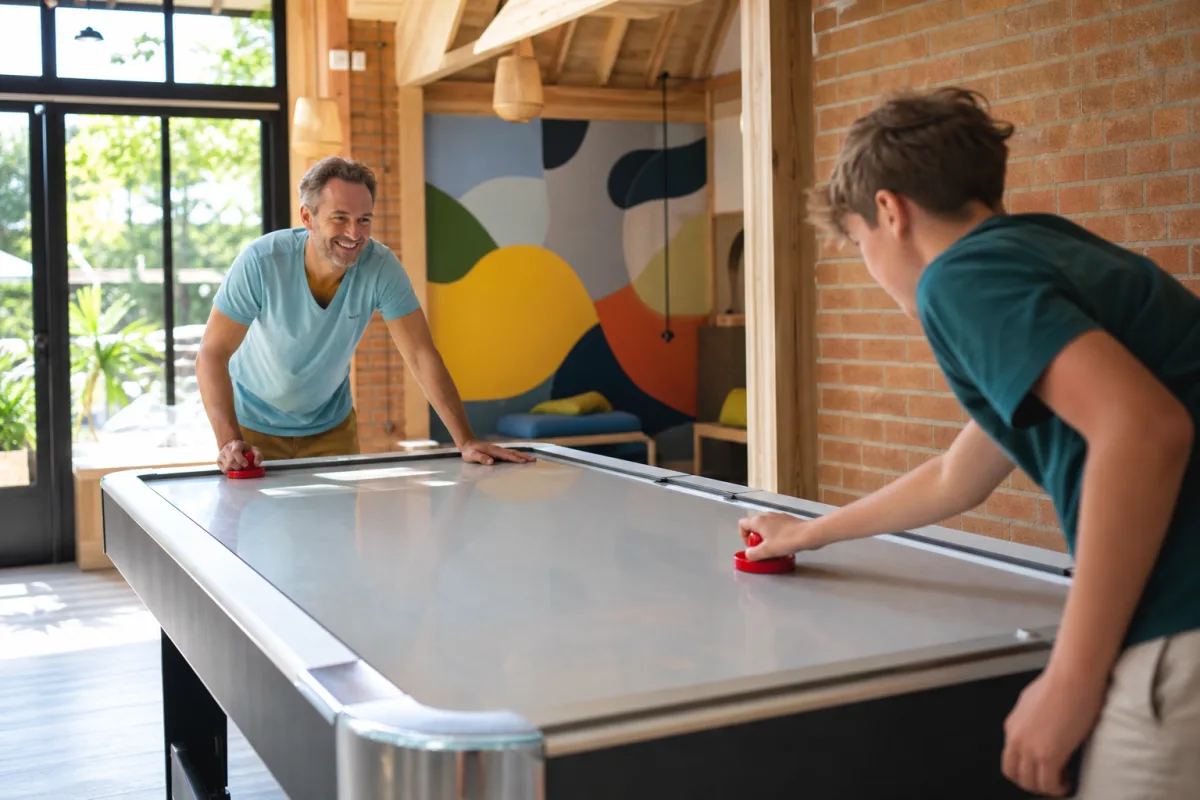 Fotorealistische sfeerimpressie van een airhockeyspel in een recreatieruimte