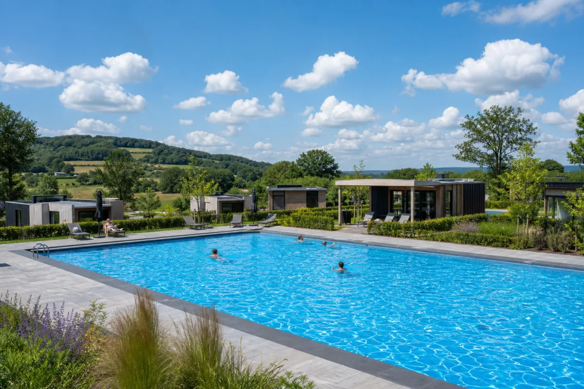 Fotorealistische sfeerimpressie van een buitenzwembad op een vakantiepark