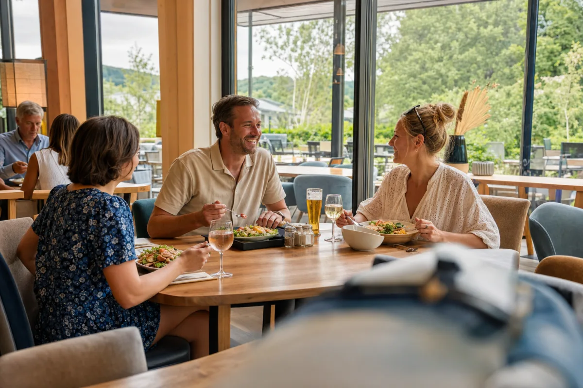 Fotorealistische sfeerimpressie van gasten die samen eten in een parkrestaurant