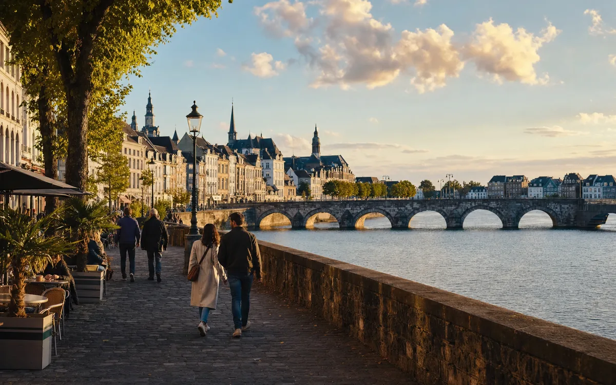 Historische stad aan de rivier met terrassen en een stenen brug