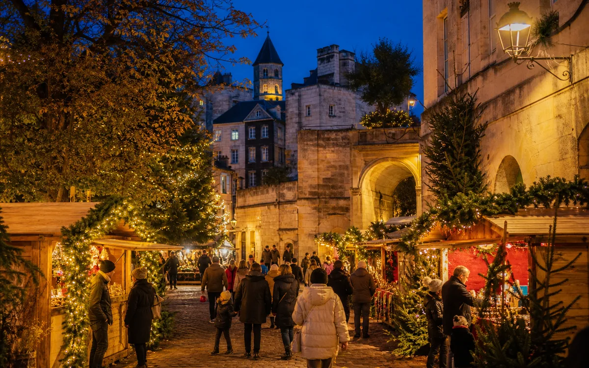 Sfeervolle kerstmarkt tussen historische mergelstenen gebouwen